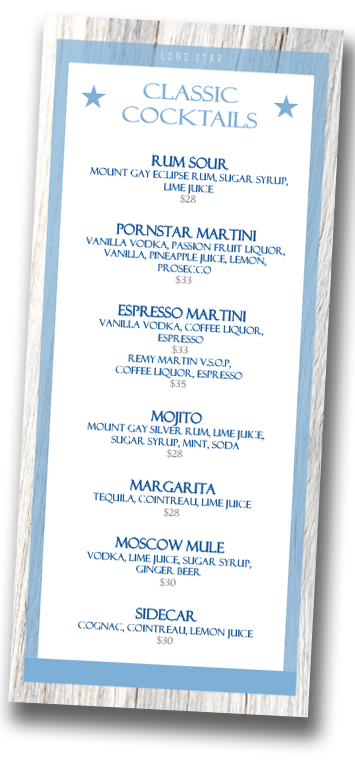 Cocktail Menu at the Lone Star Restaurant's Star bar March 2022